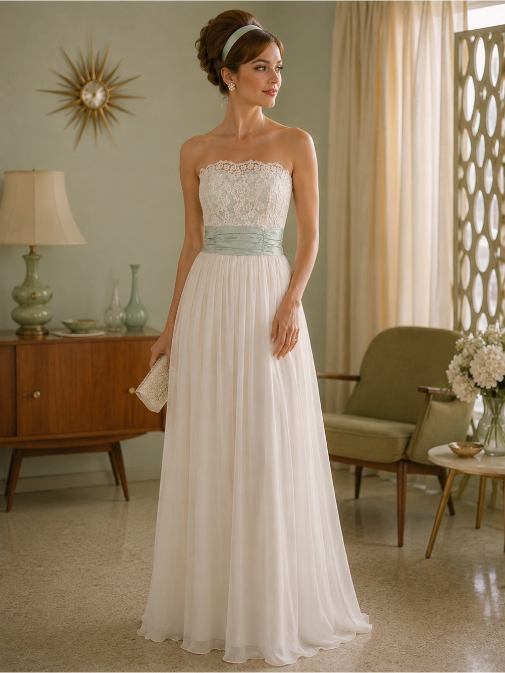 Vintage 60’s  mid-century lace chiffon mint green and ivory long strapless gown